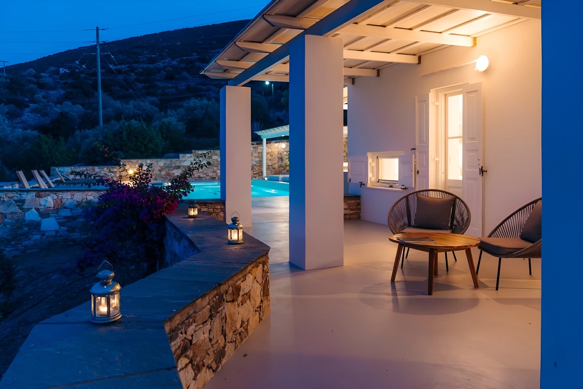 The upper terrace at night with lanterns