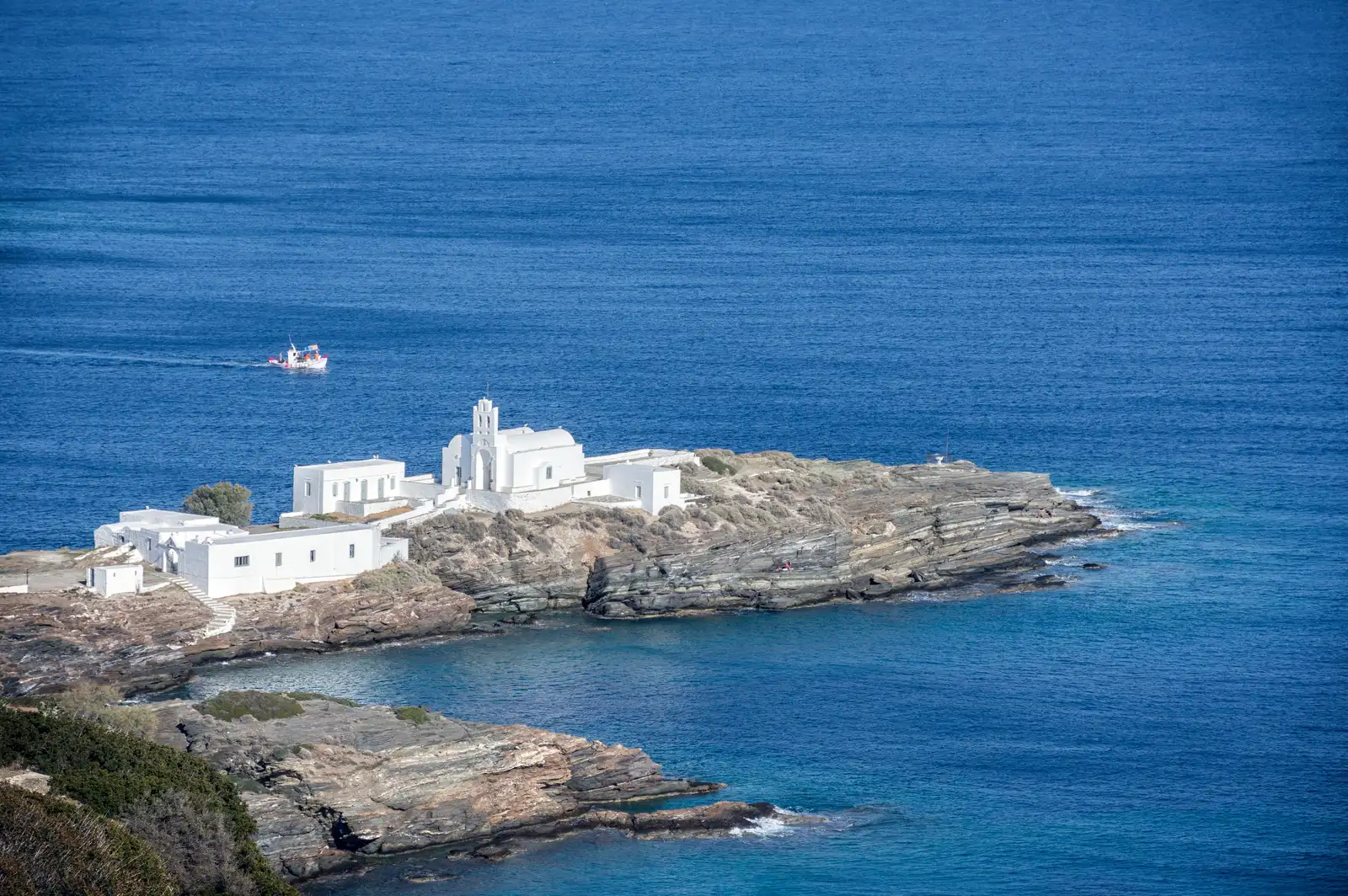 The Chrysopigi monastery on its islet beside Apokofto beach, Sifnos, seen from above