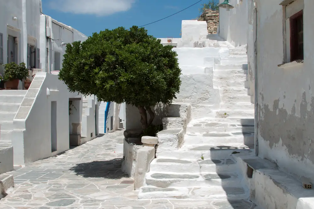 The whitewashed main street of Kastro, Sifnos, with stone steps and old houses on either side