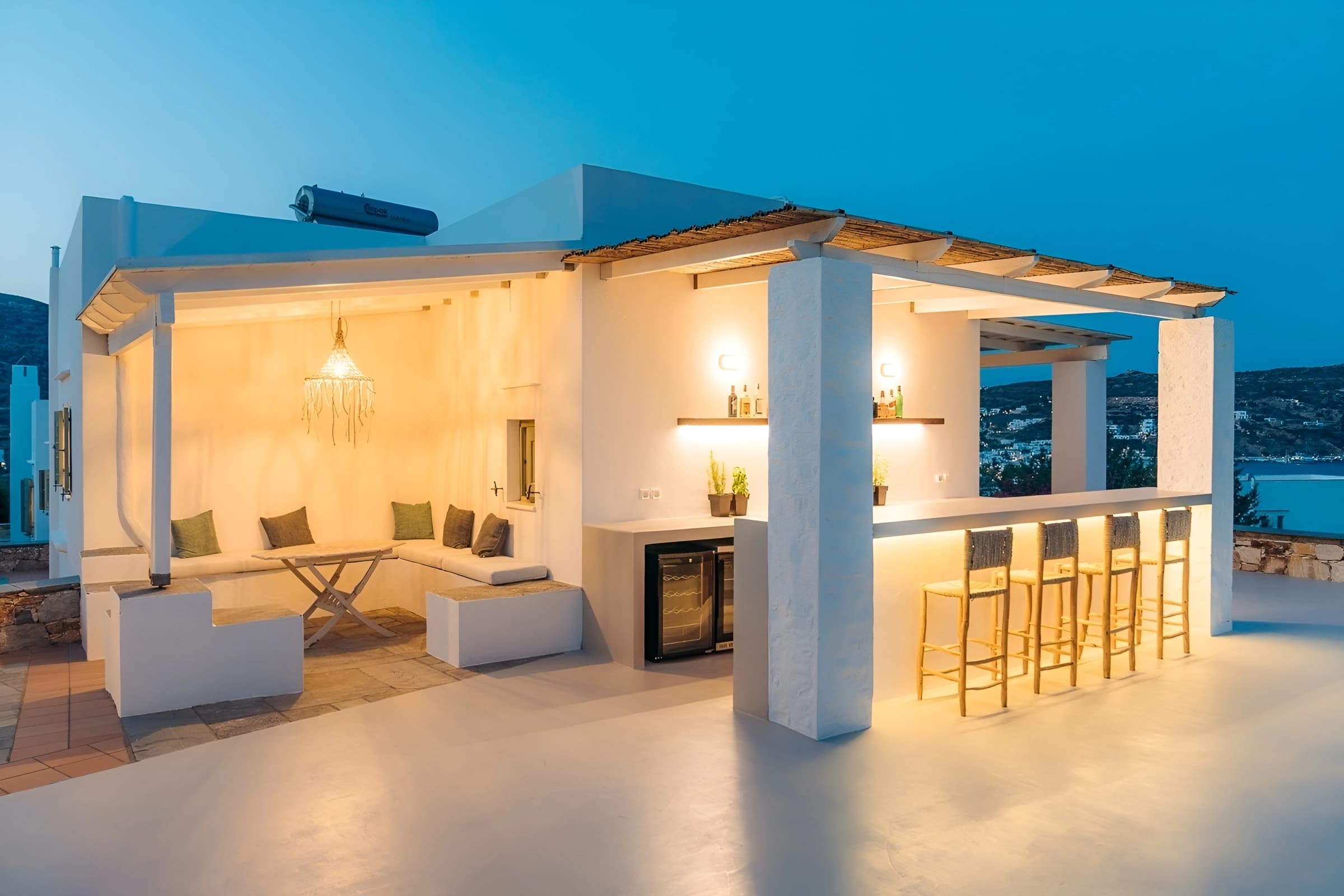 The pool dining area at night