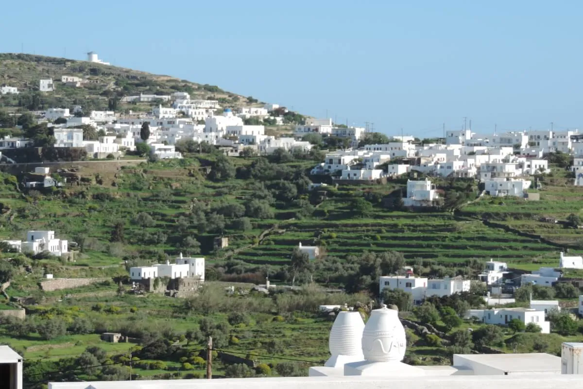 Terraced fields held by dry-stone walls on the hillsides around Agios Loukas, Sifnos