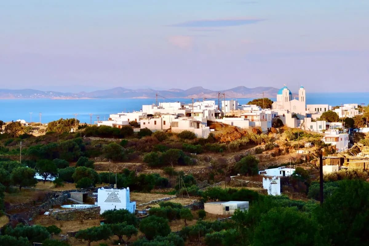 Kato Petali village at dusk with olive groves and dry-stone field walls on the slopes below, Sifnos