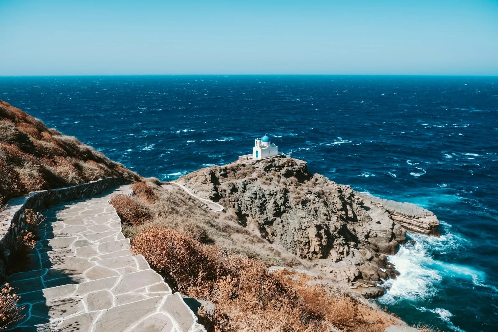 The stone path down to the Seven Martyrs chapel at Kastro, Sifnos